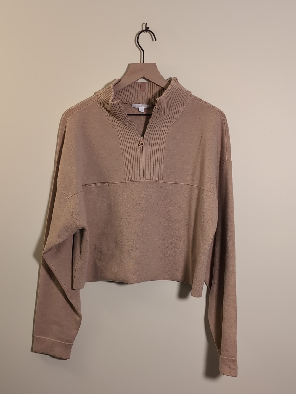 Lunya Cotton Silk Blend Quarter Zip Cropped Tan Pullover